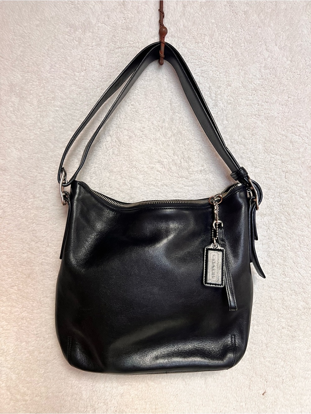 Coach Black Leather Hobo Shoulder Bag with Signature Tag
